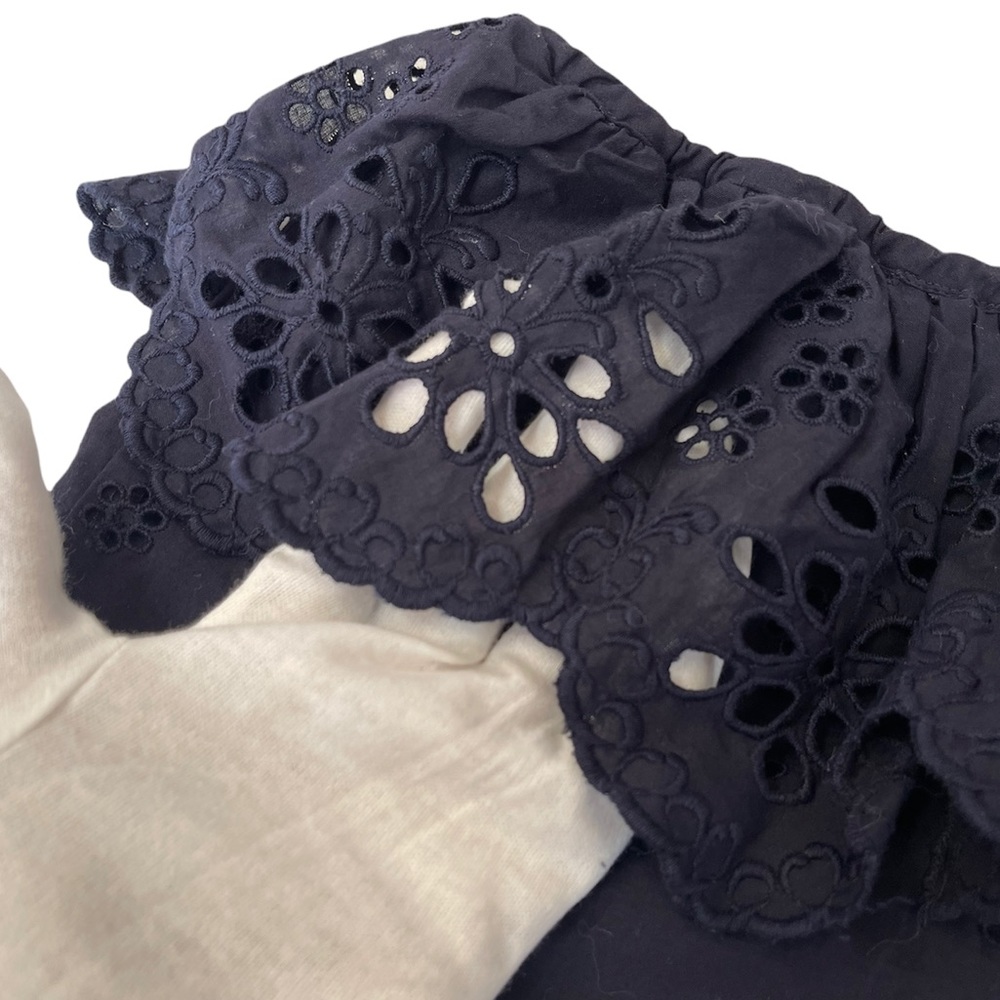 Milly | Blue 100% Cotton Eyelet Lace Ruffle Strapless Top with Scalloped Hem  4 - Picture 6 of 12